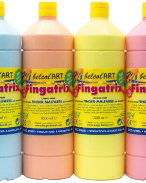 belcolART Fingatrix Pastell Set 6 x 1000ml 6 Farben ÖKO-Fingermalfarbe mit 98 % natürlichen Inhaltsstoffen ... Mit den Händen zu malen bedeutet, diese mit allen Sinnen zu erfassen. belcolART Fingatrix ist so cremig, dass man die Farbe richtig gerne auf der Haut spürt. Die Farben sind wunderbar kräftig, decken sehr gut, sind leicht zu mischen, mit Wasser verdünnbar, trocknen matt auf und lassen sich auch leicht wieder von der Haut abwaschen. Durch den enthaltenen Bitterstoff sind sie besonders sicher gegen Verschlucken. Flecken und Spritzer können aus der Kleidung mit kaltem Wasser und etwas Seife ausgewaschen werden. Bitte verwenden Sie keine Reinigungsmittel.