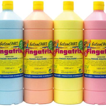 belcolART Fingatrix Pastell Set 6 x 1000ml 6 Farben ÖKO-Fingermalfarbe mit 98 % natürlichen Inhaltsstoffen ... Mit den Händen zu malen bedeutet, diese mit allen Sinnen zu erfassen. belcolART Fingatrix ist so cremig, dass man die Farbe richtig gerne auf der Haut spürt. Die Farben sind wunderbar kräftig, decken sehr gut, sind leicht zu mischen, mit Wasser verdünnbar, trocknen matt auf und lassen sich auch leicht wieder von der Haut abwaschen. Durch den enthaltenen Bitterstoff sind sie besonders sicher gegen Verschlucken. Flecken und Spritzer können aus der Kleidung mit kaltem Wasser und etwas Seife ausgewaschen werden. Bitte verwenden Sie keine Reinigungsmittel.