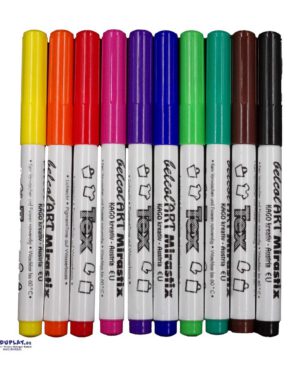 belcolART Stoffmalstifte Mirastix Tex 10 Stück in 10 Farben Kreative Gestaltung auf Textilien ... Die belcolART Stoffmalstifte ermöglichen farbenfrohes Gestalten auf Textilien und anderen Oberflächen wie Kunststoff. Mit ihrer speziellen pinselartigen Spitze gelingen präzise Linien und flächige Designs gleichermaßen. Die unbedenkliche, permanente Tinte wird durch einmaliges Bügeln fixiert und bleibt waschmaschinenfest bis 40 °C. Ideal für kreative Projekte wie T-Shirts, Taschen oder Dekorationen. Set: 10 leuchtende Farben.