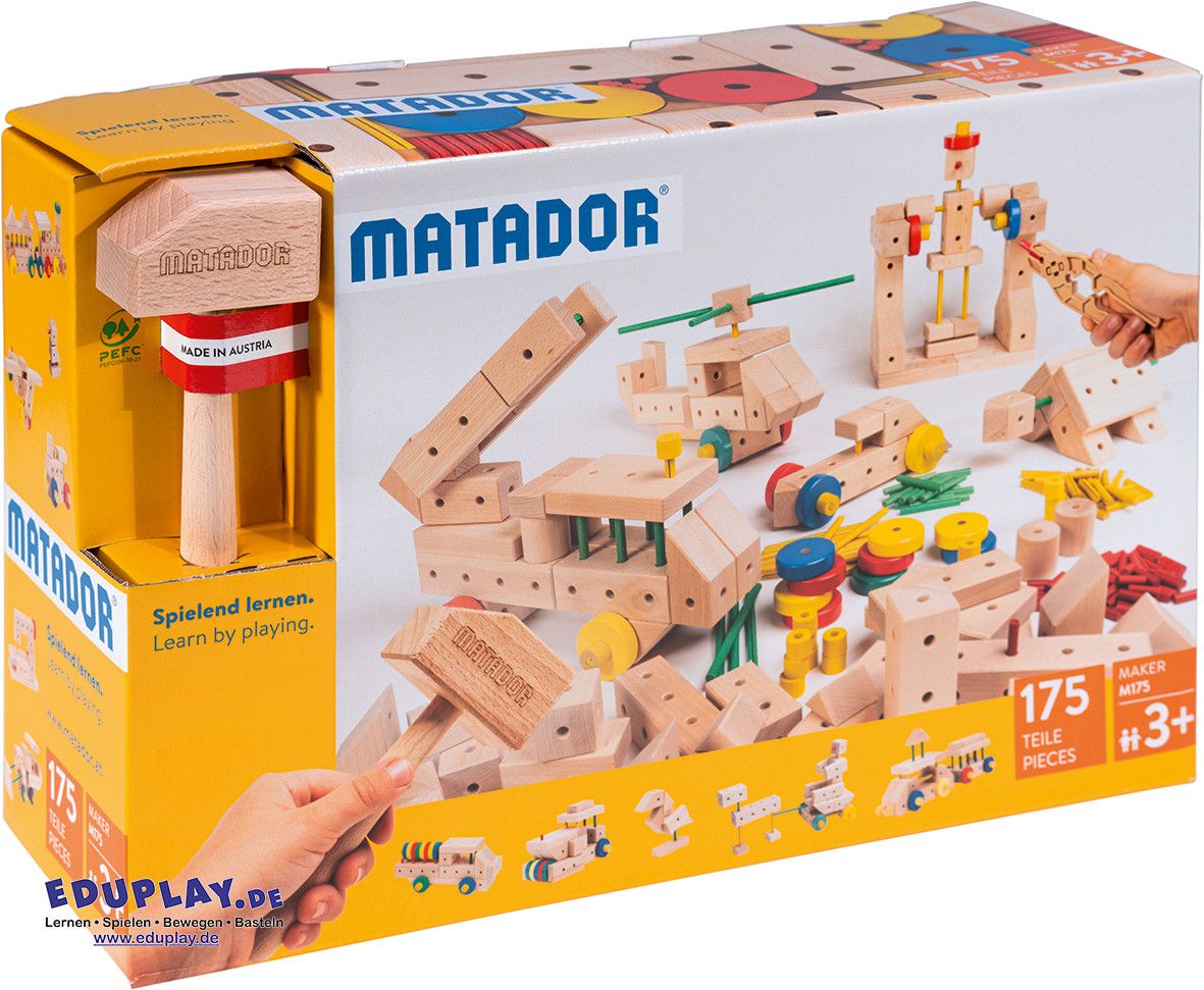 Matador Maker M175 Kreativ bauen, entdecken und spielerisch lernen ... Mit den Holzbaukästen von Matador tauchen Kinder ab 3 Jahren in die Welt des Bauens, Werkens und kreativen Erfindens ein. Bausteine und Verbindungsstäbchen werden mit Hammer, Zange und Keil zusammengefügt. So entstehen Fahrzeuge, Tiere, Figuren und Alltagsgegenstände nach Vorlagen - oder eigene Kreationen. Beim Spielen fördern Kinder ihre Feinmotorik, Hand-Auge-Koordination, räumliches Denken und Problemlösefähigkeiten. Alle Teile sind aus 100% österreichischem Holz, langlebig und kindgerecht dimensioniert. Die bebilderten Bauanleitungen geben zahlreiche Anregungen für eigene Bauideen. 175 Teile, Werkzeuge: 1 Hammer, 1 Zange, 1 Keil, inkl. Vorlagenheft mit 78 Bauideen. Ideal für Einzelkinder oder kleine Teams, um Fantasiewelten wie Hubschrauber, Polarstationen oder Savannen zu erschaffen.